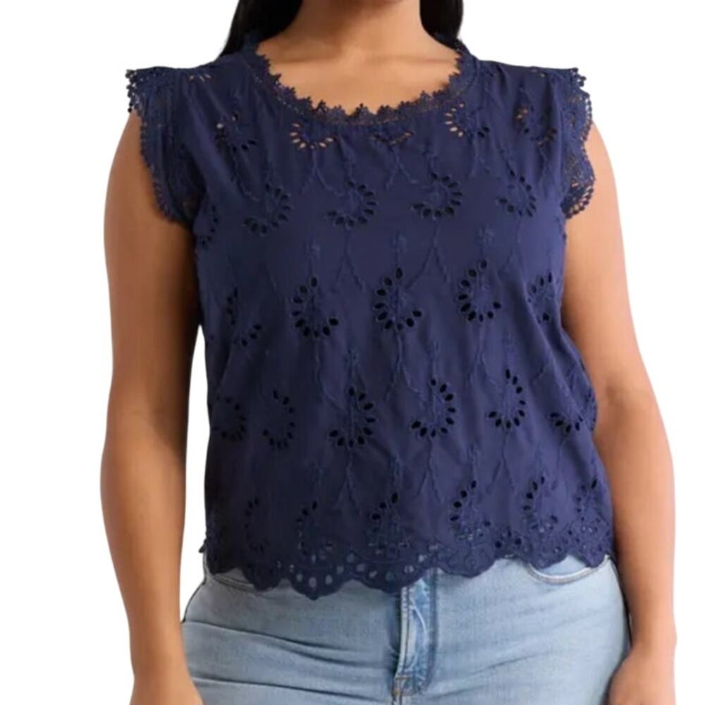 Forgotten Grace Top Lace Trimmed Eyelet Navy Blue Size 3X Boho Spring Brunch